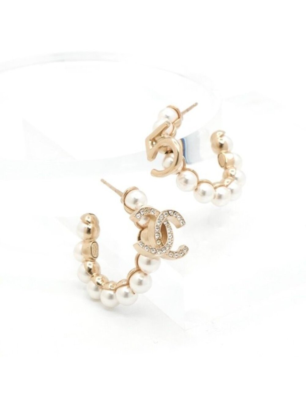 Chanel Earrings Gold CC Logo N5 Rhinestone Hoop